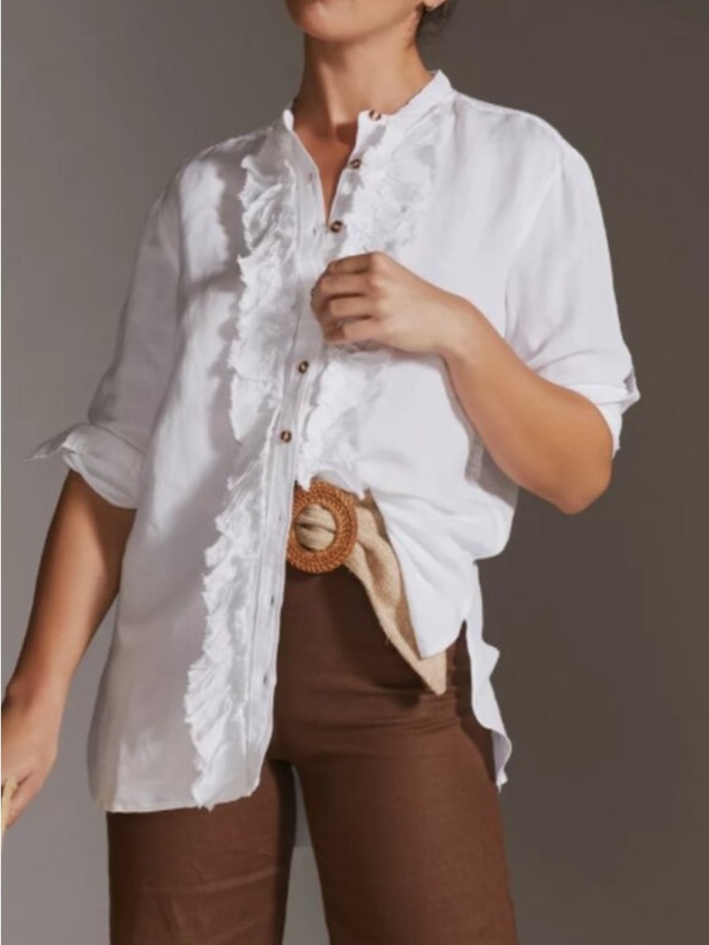 Pilcro White Ruffle-Trim Button Down Shirt